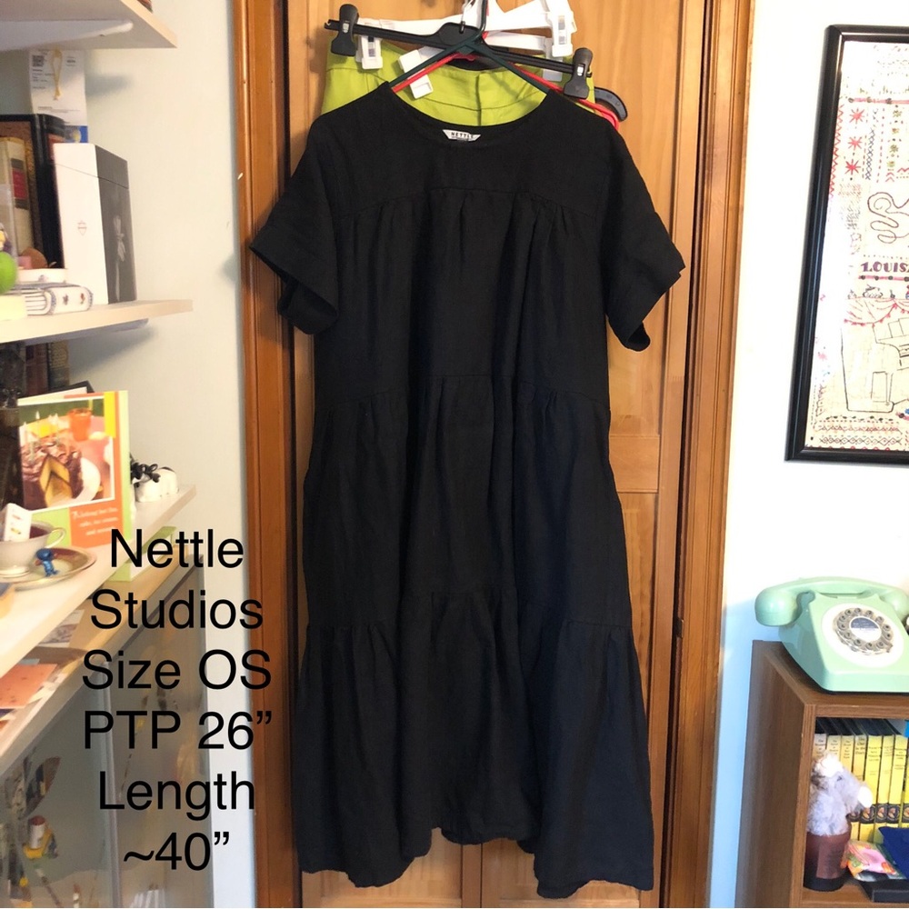 Nettle Studios Tiered Dress in Black Linen Size OS